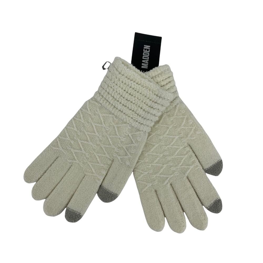 Steve Madden Lurex Zig Zag Tech Touch Ivory Metallic Knit Gloves One Size